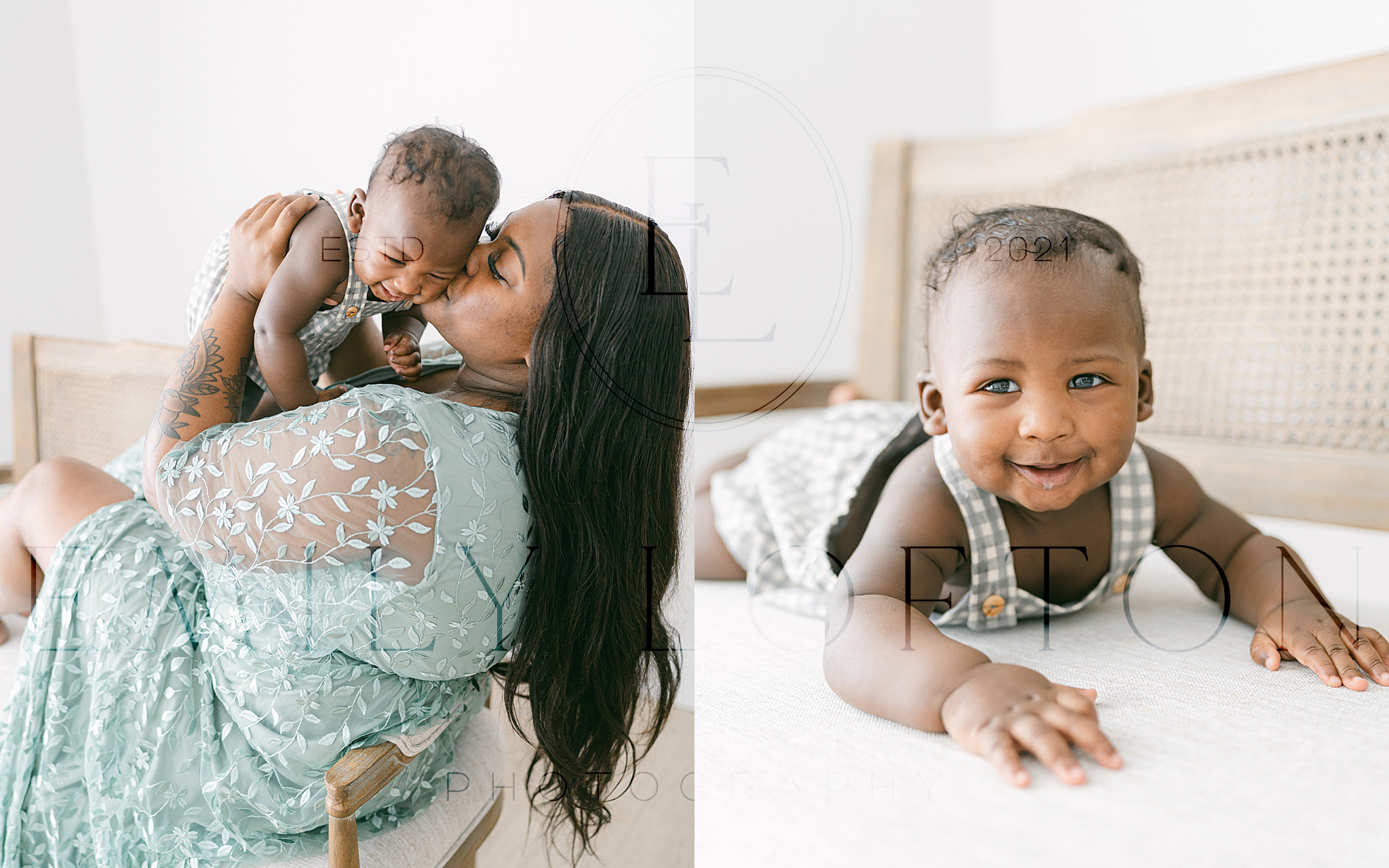 A mom and baby snuggle together during his milestone session with Hattiesburg baby photographer Emily Lofton.