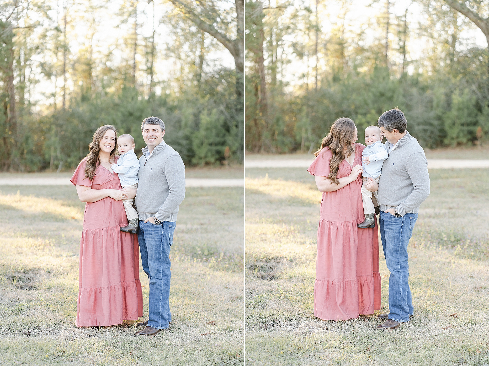 A young family of three stand together during their family session with Emily Lofton Photography.
