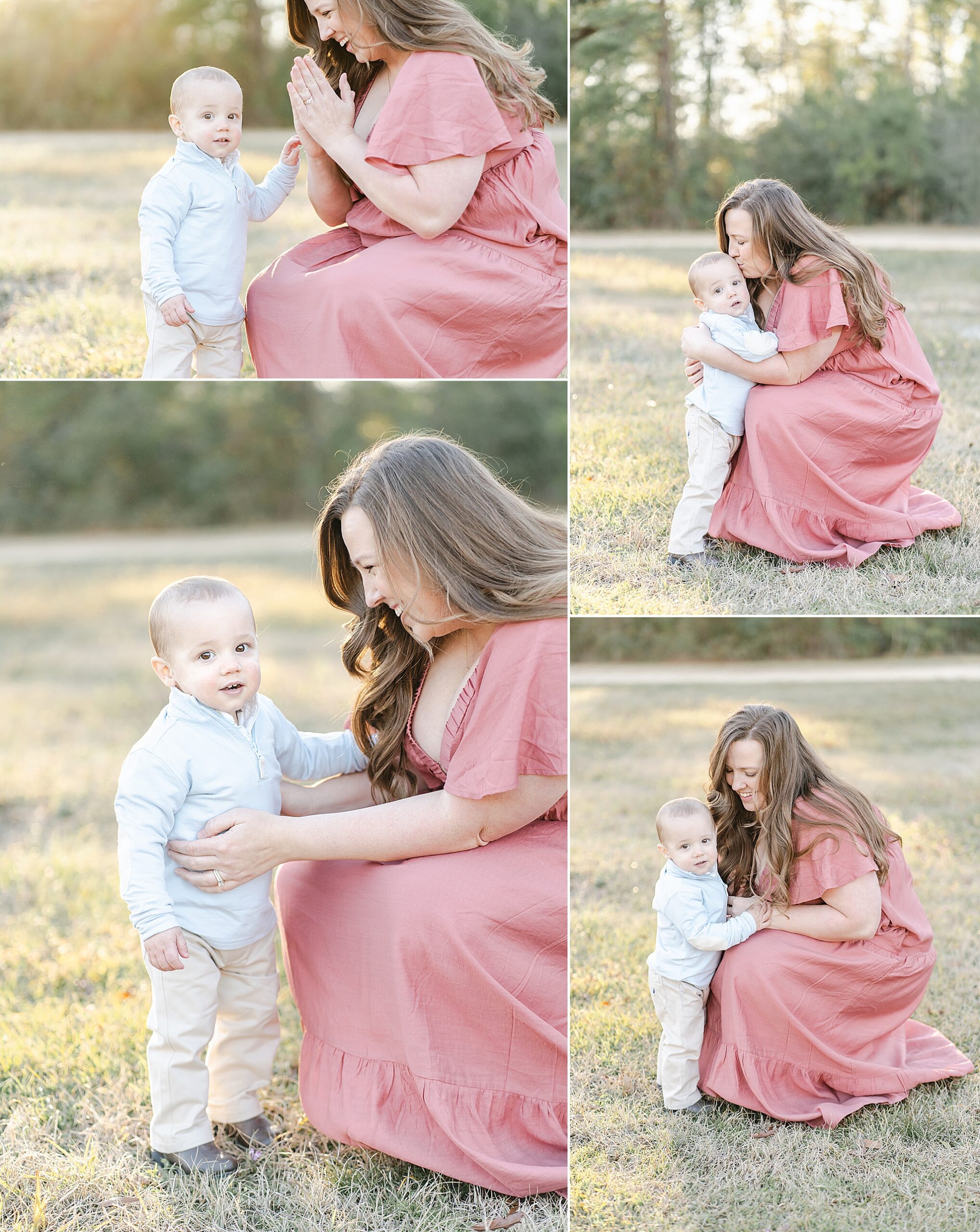 A mom and one year old baby boy play together during their outdoor family session in Hattiesburg, MS with Emily Lofton Photography.