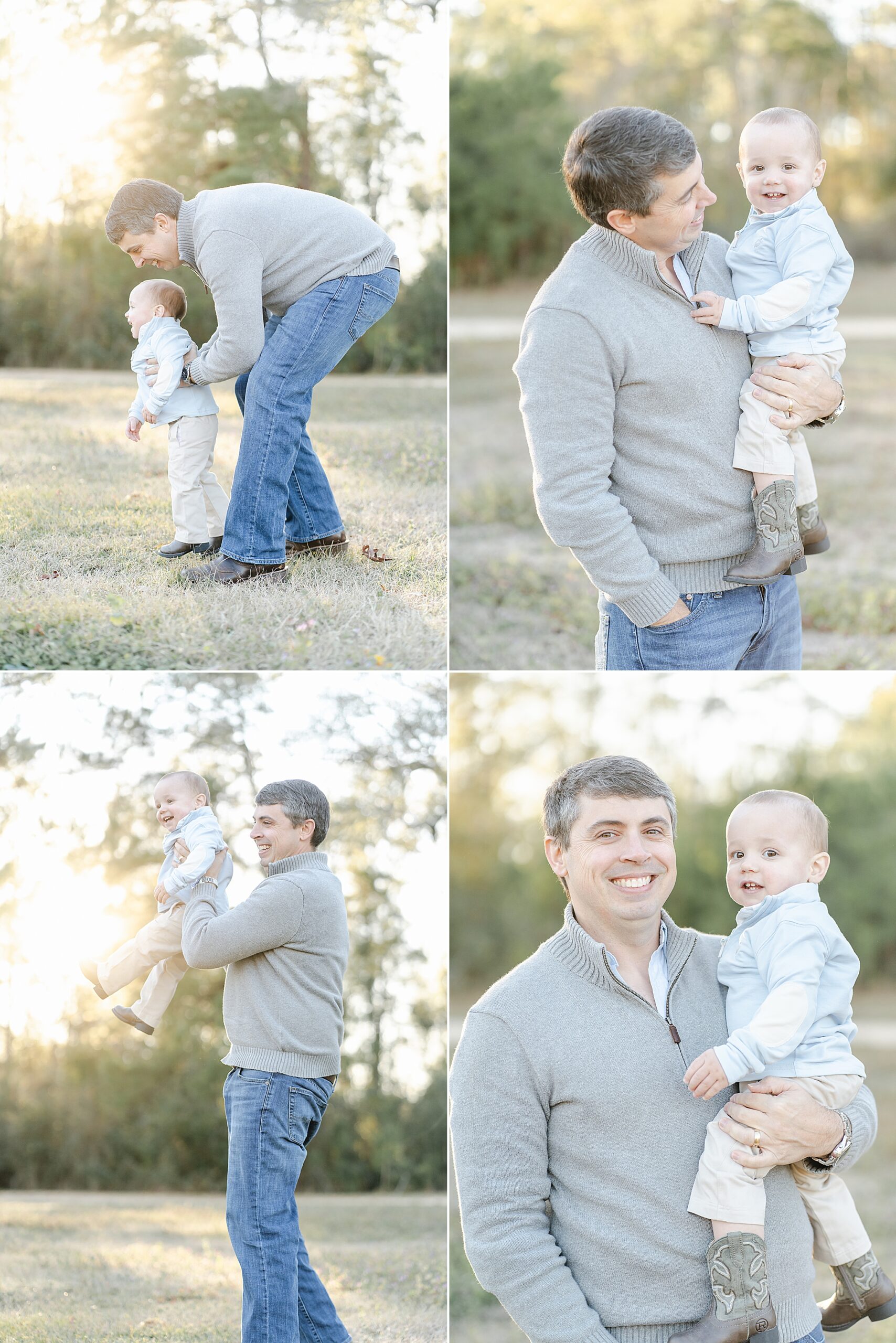 A dad and his one year old little boy laugh and play together during an outdoor family session with Emily Lofton Photography in Hattiesburg, MS.