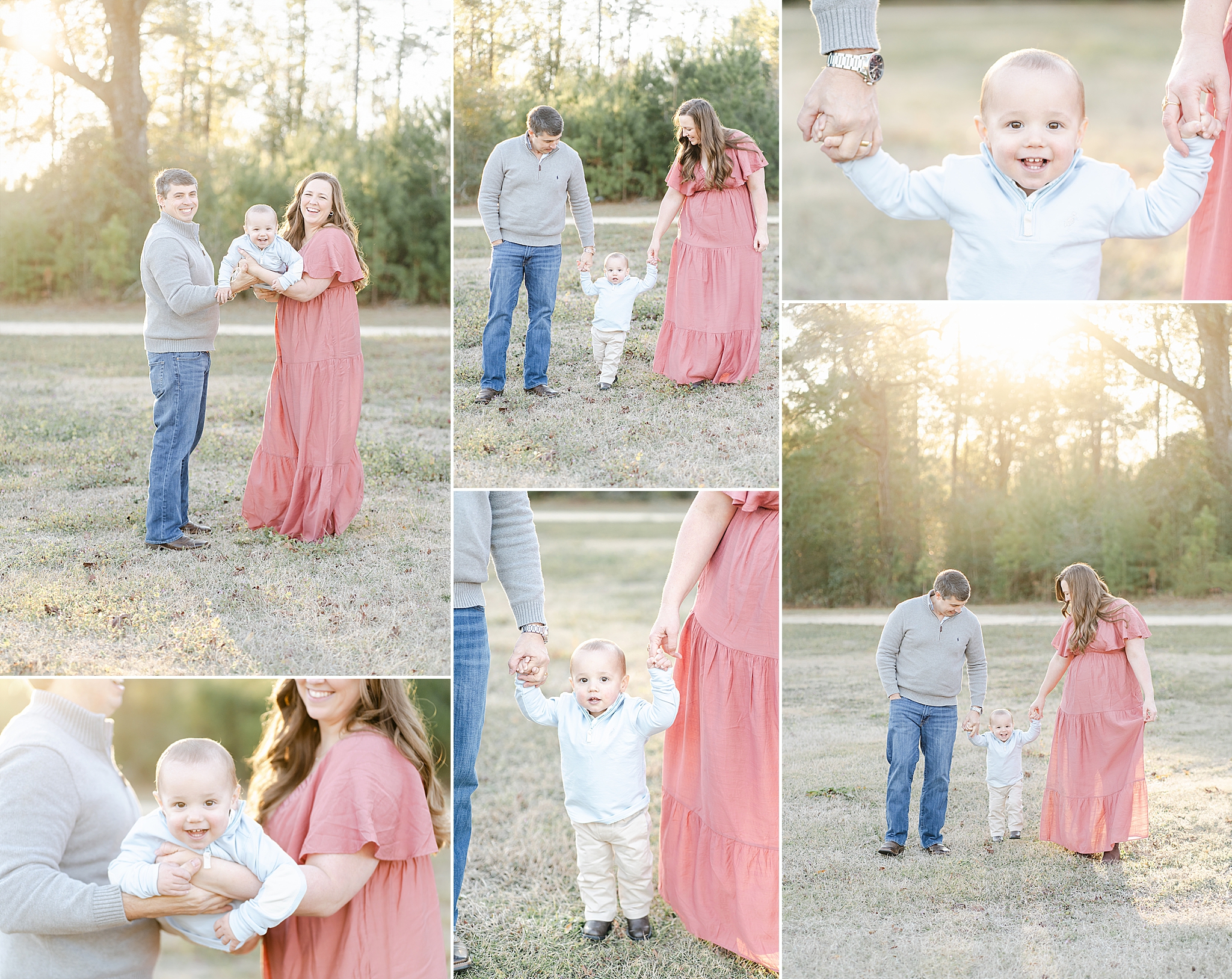 A mom and dad hold their baby boy's hands and play together during their outdoor family session at sunset in Hattiesburg, MS. Photo by Emily Lofton Photography.