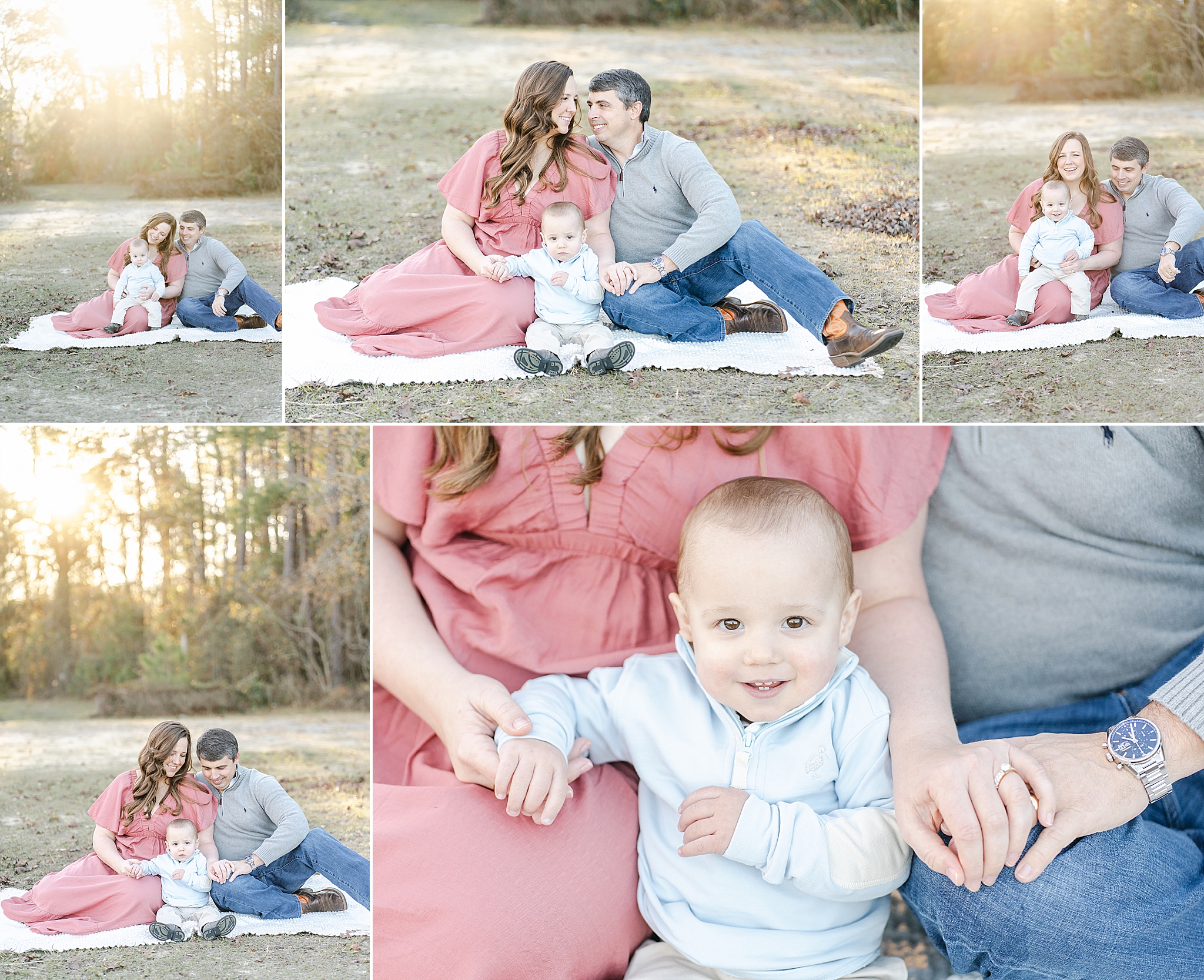 A mom, dad, and one year old baby boy snuggle together on a blanket during their outdoor family photography session with Emily Lofton Photography.