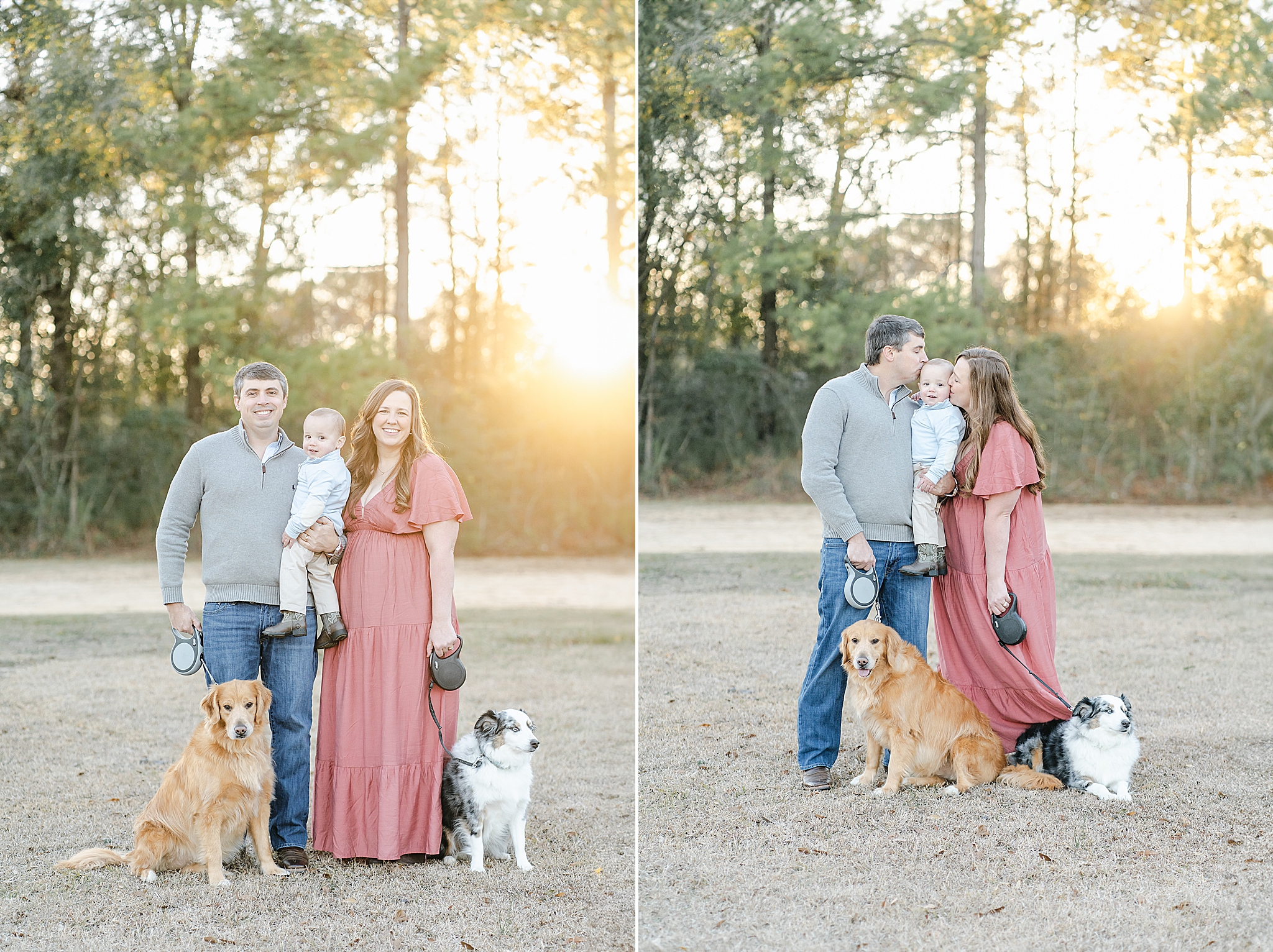 A young family of three stand together with their two dogs during their sunset family photography session with Emily Lofton Photography in Hattiesburg, MS.